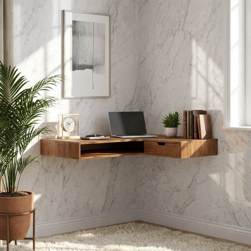 Floating Corner Desk – Slim Walnut Wall Workspace