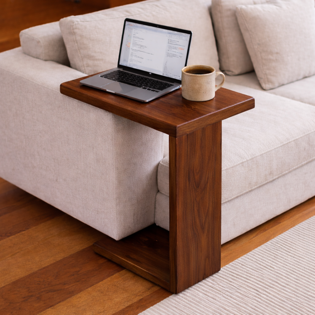 Solid Wood Sofa Armrest Table – C-Shaped Couch Arm Tray Laptop Side Table