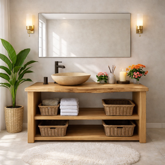 Rustic Wooden Bathroom Vanity with Open Shelves and Modern Faucet Kitchnce