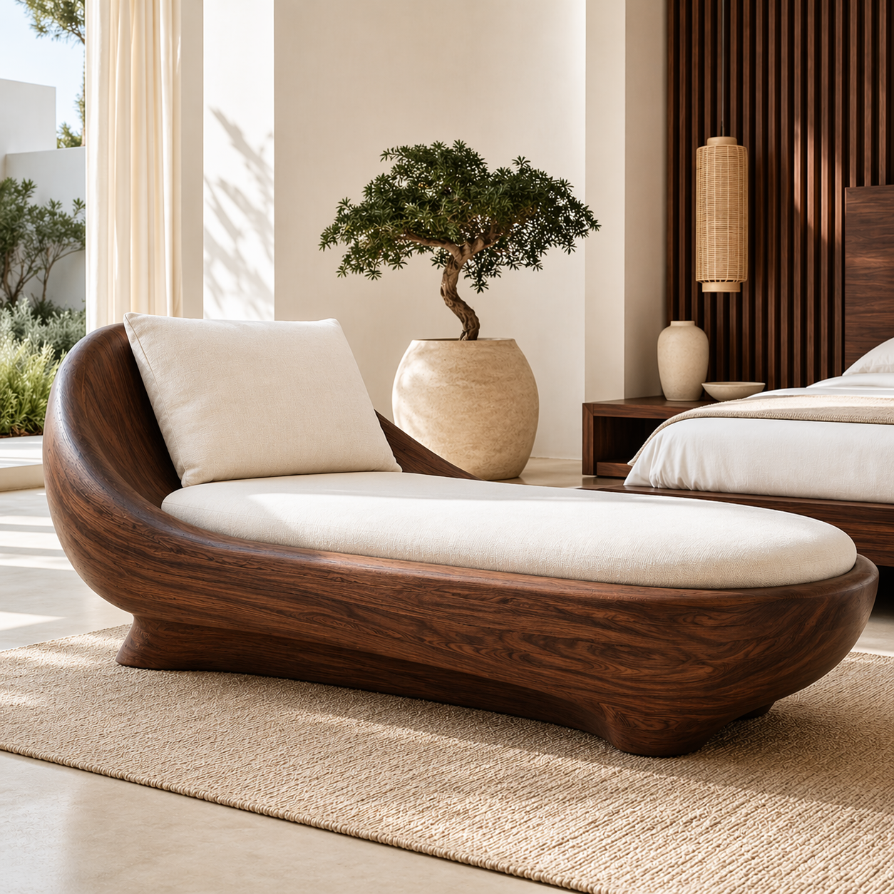 Modern Sculptural Chaise Lounge Curved Daybed with Cushion for Bedroom Decor