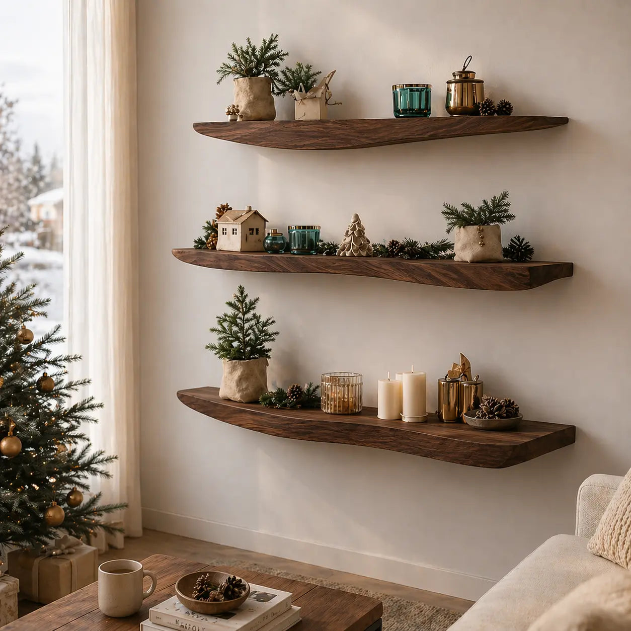 Solid Wood Floating Wall Shelf Live Edge Rustic Wall Mounted Display Shelf Kitchnce