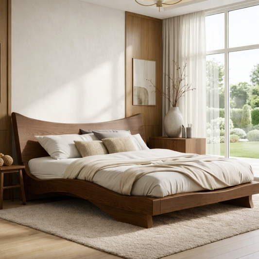 Modern Wooden Bed Frame with Curved Headboard Low Profile Platform Bedroom Design