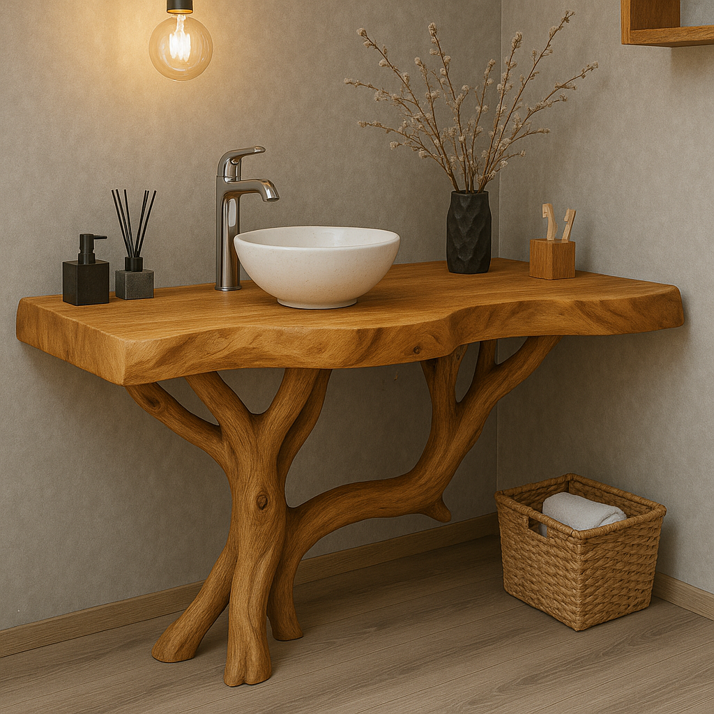 Handcrafted Solid Wood Bathroom Vanity – Organic Live Edge Design with Tree-Inspired Base Kitchnce