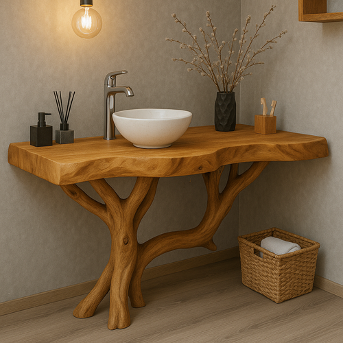 Handcrafted Solid Wood Bathroom Vanity – Organic Live Edge Design with Tree-Inspired Base Kitchnce
