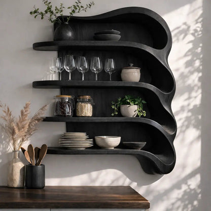 Solid Wood Curved Kitchen Cabinet Shelf – Organic Floating Wall Storage Rack Kitchnce
