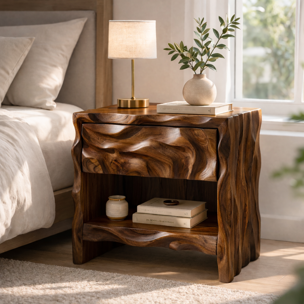 Solid Wood Nightstand with Sculptural Base – Modern Organic Bedside Table