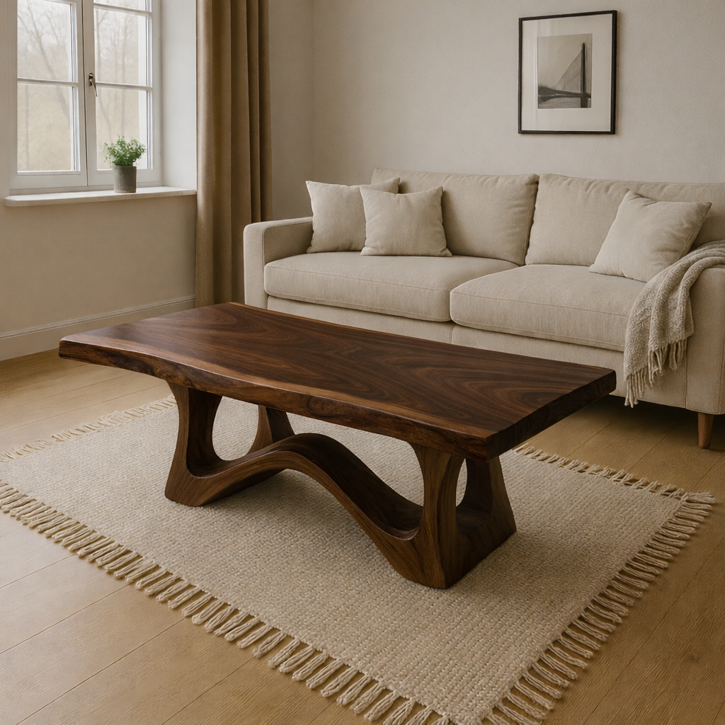 Modern Wooden Coffee Table with Curved Base – Solid Wood Living Room Center Table Kitchnce