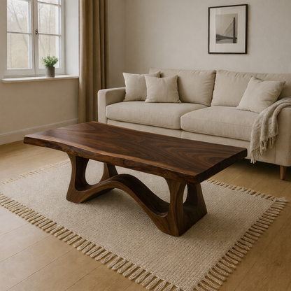 Modern Wooden Coffee Table with Curved Base – Solid Wood Living Room Center Table Kitchnce