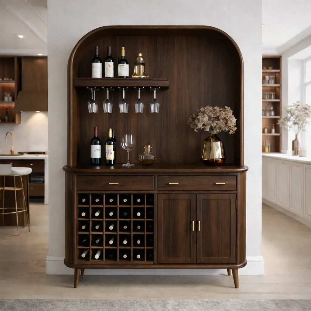 Solid Wood Bar Cabinet with Wine Rack and Curved Open Shelf Storage Kitchnce