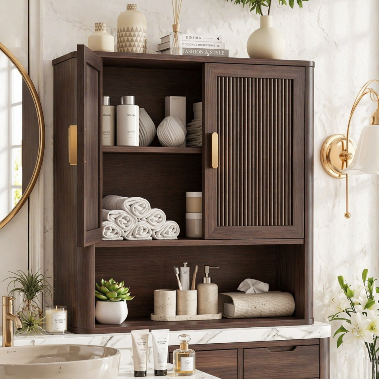 Floating Bathroom Cabinet, Modern Fluted Wall Mounted Vanity Storage Organizer Unit
