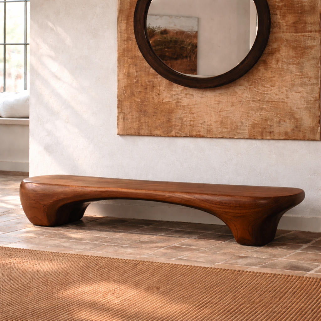 Organic Sculptural Solid Wood Bench, Modern Rustic Statement Seating