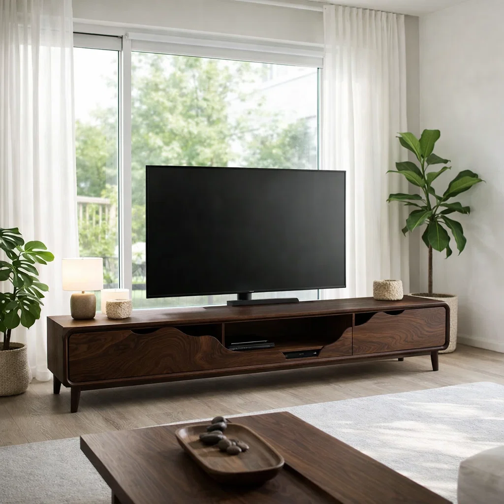 Solid Wood TV Console with Curved Design & Storage – Modern Media Unit