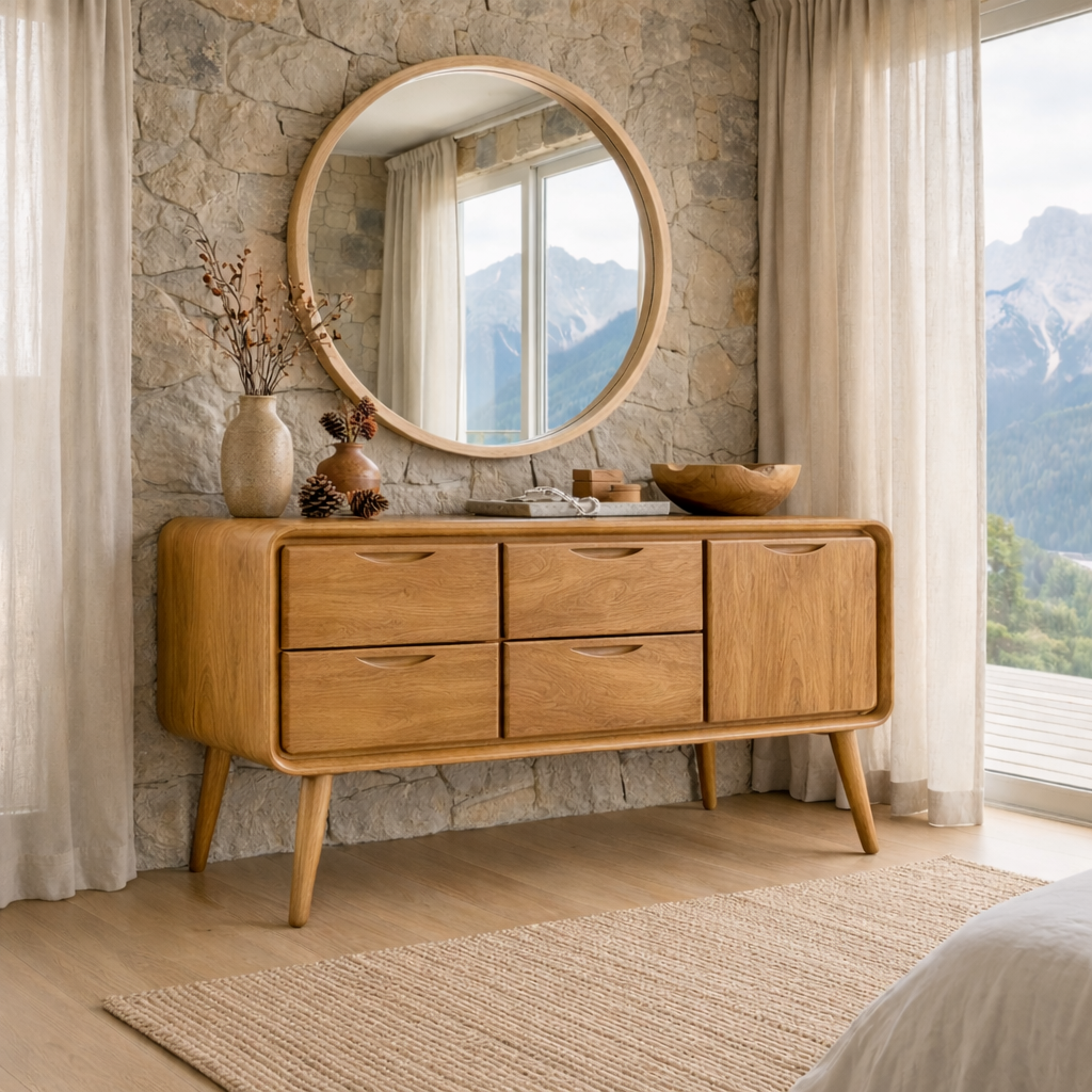 Solid Wood Makeup Vanity with 4 Drawers | Mid-Century Modern Design for Bedroom