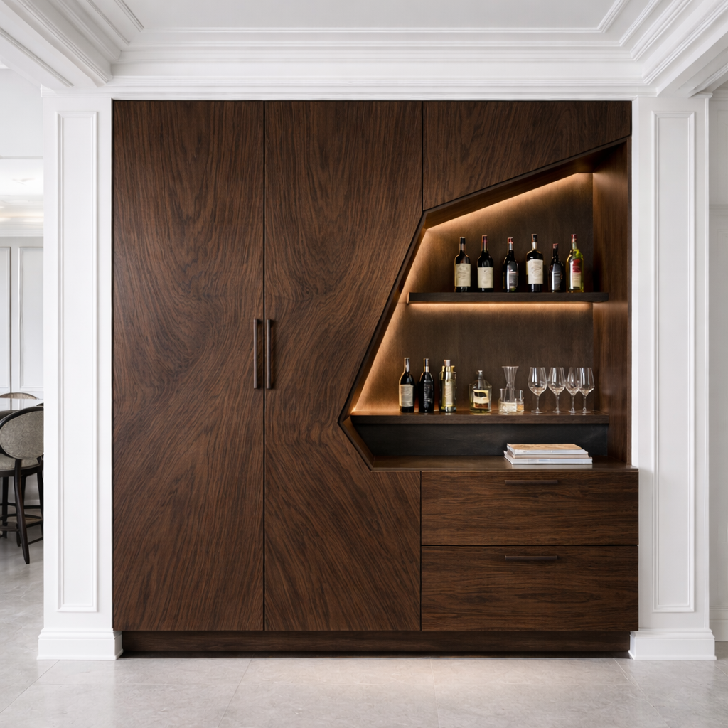 Modern Solid Wood Bar Cabinet with LED Shelf & Hidden Storage – Luxury Home Bar Unit