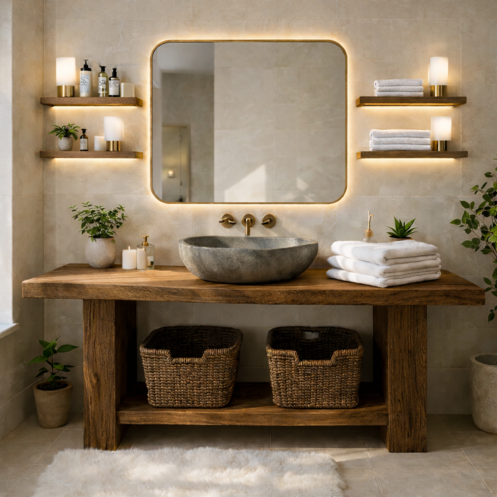 Rustic Solid Wood Bathroom Vanity Table With Open Shelf Farmhouse Bathroom Cabinet Kitchnce