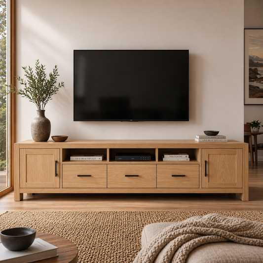 Solid Wood Media Console with Drawers, Modern TV Stand with Storage Cabinets