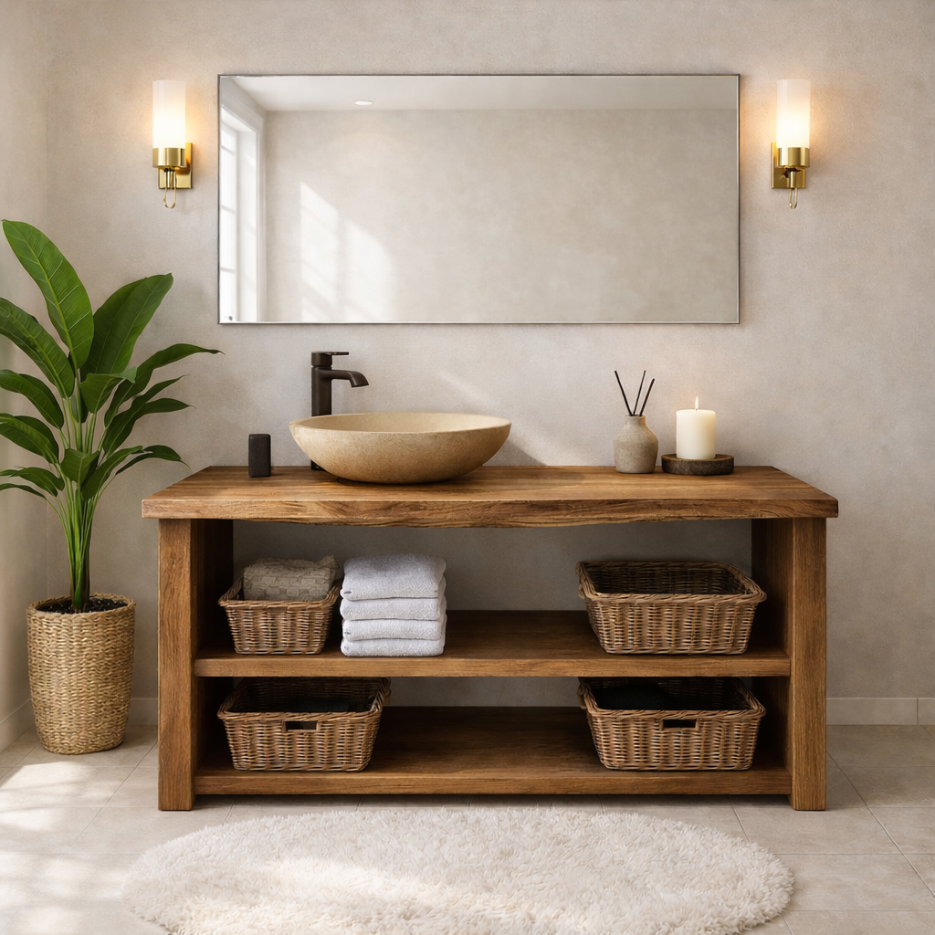 Rustic Wooden Bathroom Vanity with Open Shelves and Modern Faucet Kitchnce