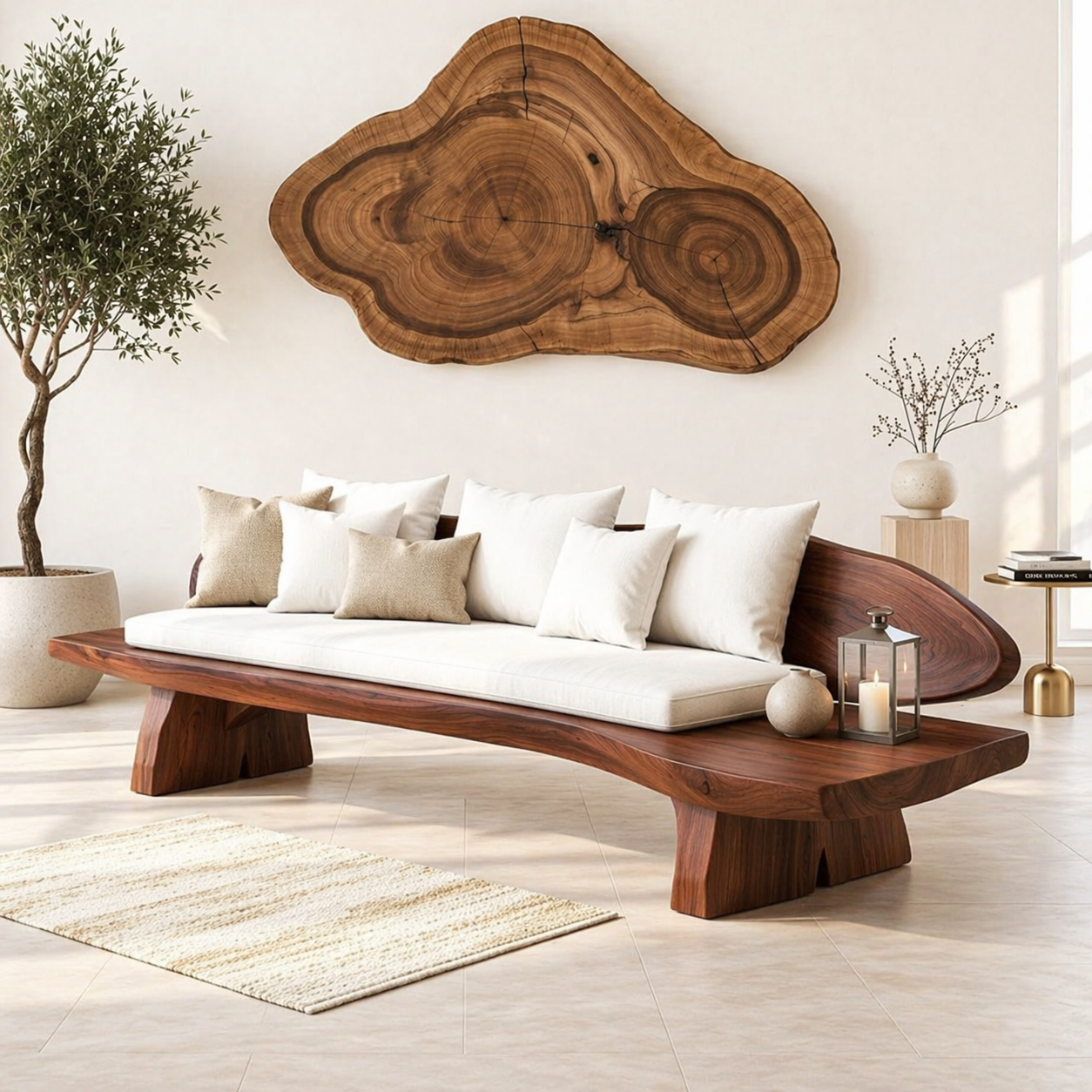 Organic Modern Wooden Sofa, Curved Minimalist Lounge Bench with Oversized Cushions