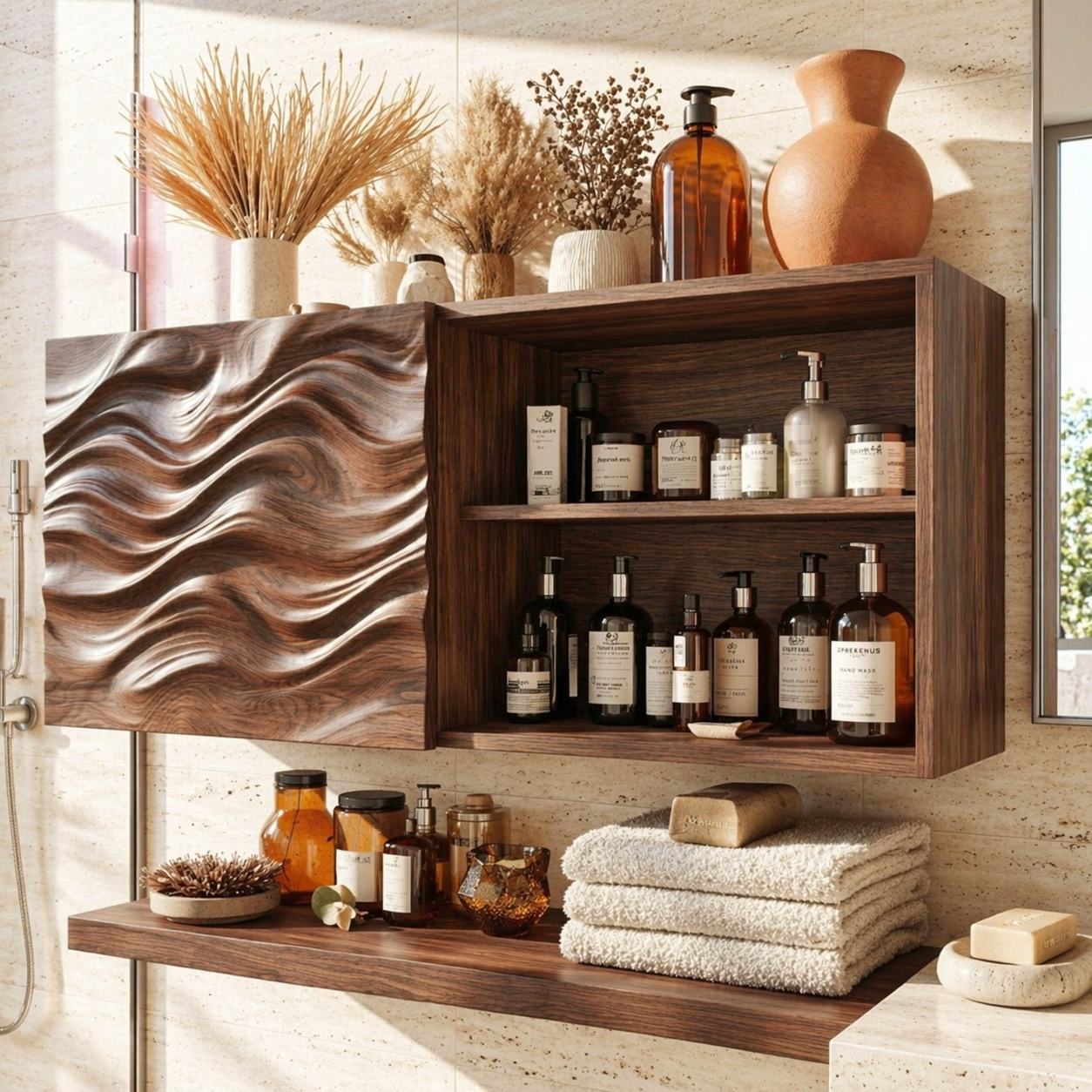 Floating Bathroom Cabinet, Modern Wavy Wall Mounted Vanity Storage Shelf Organizer