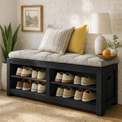 Solid Wood Entryway Bench with Shoe Storage Shelves, Rustic Hallway Organizer