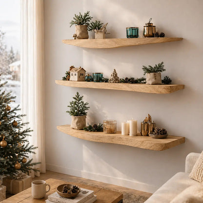Solid Wood Floating Wall Shelf Live Edge Rustic Wall Mounted Display Shelf Kitchnce