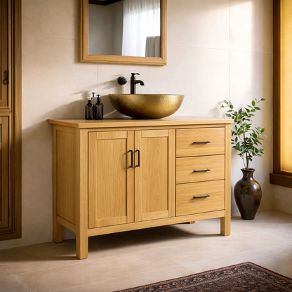Solid Wood Bathroom Vanity with 3 Drawers and Double Door Cabinet for Storage