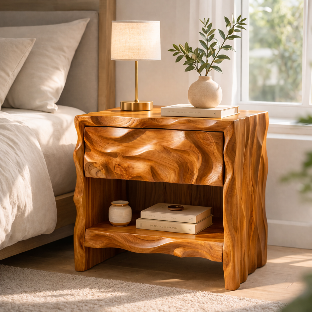 Solid Wood Nightstand with Sculptural Base – Modern Organic Bedside Table