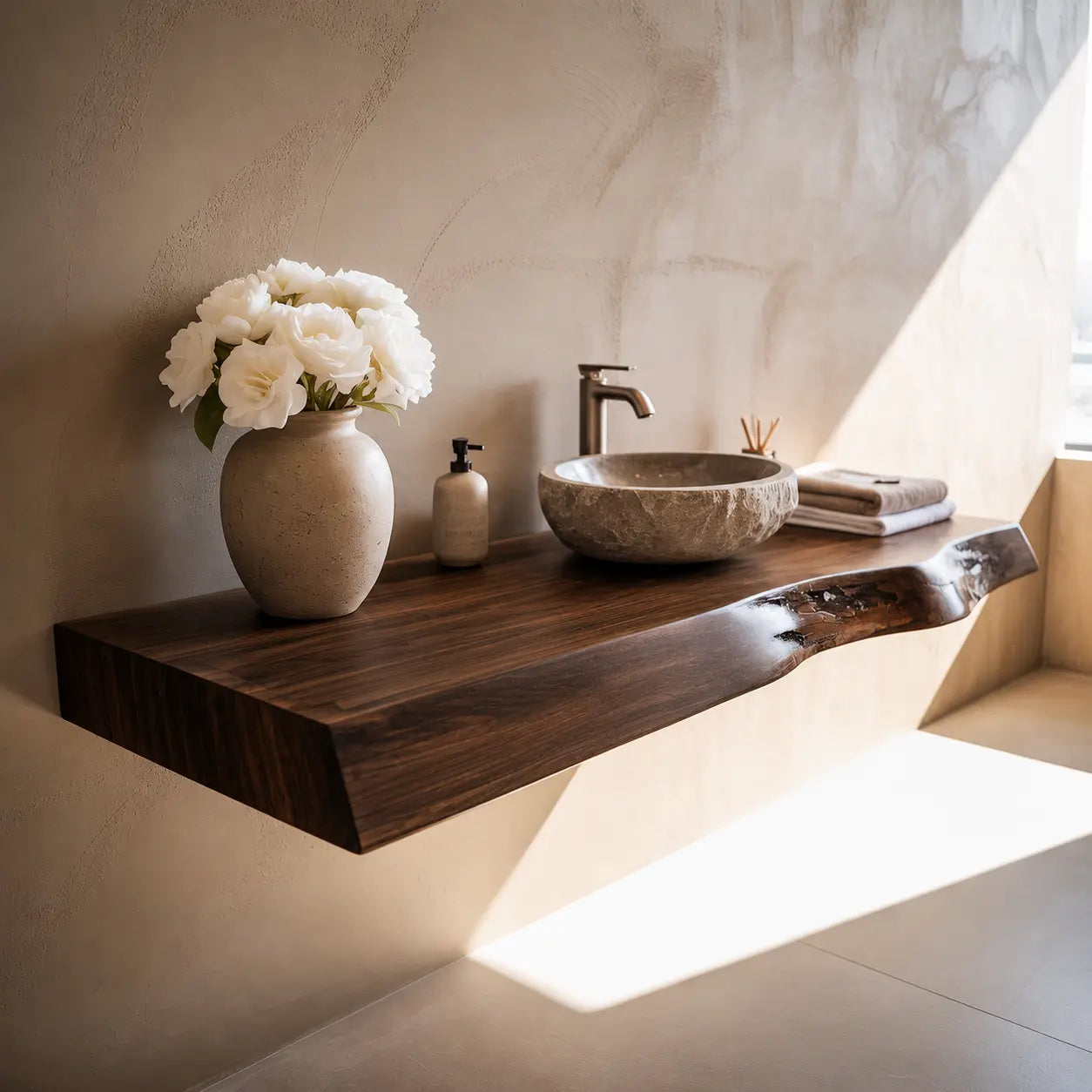 Live Edge Floating Vanity Shelf | Solid Wood Single Sink Bathroom Counter Kitchnce