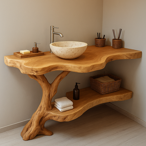 Handcrafted Solid Wood Bathroom Vanity – Organic Live Edge Design with Natural Tree Form Kitchnce