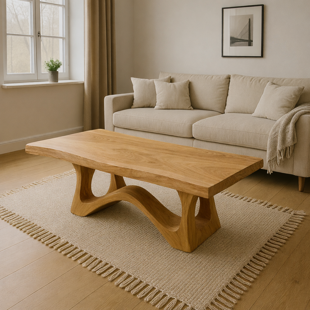 Modern Wooden Coffee Table with Curved Base – Solid Wood Living Room Center Table Kitchnce