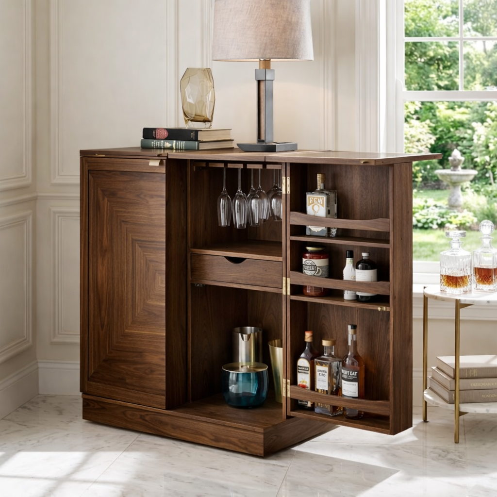 Contemporary Wooden Bar Cabinet, Fold-Out Entertaining Console with Glassware Storage