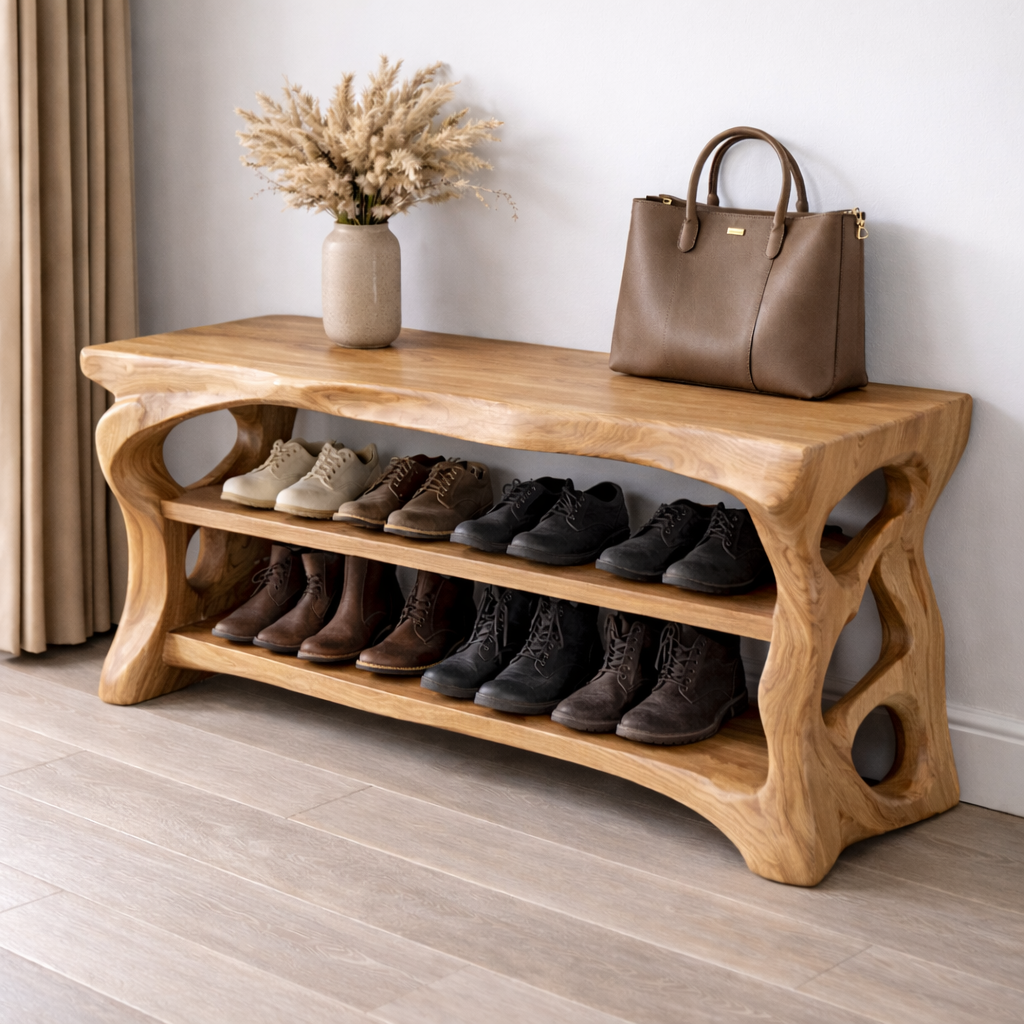 Solid Wood Entryway Bench with Shoe Storage Shelf – Rustic Natural Wood Shoe Rack Kitchnce