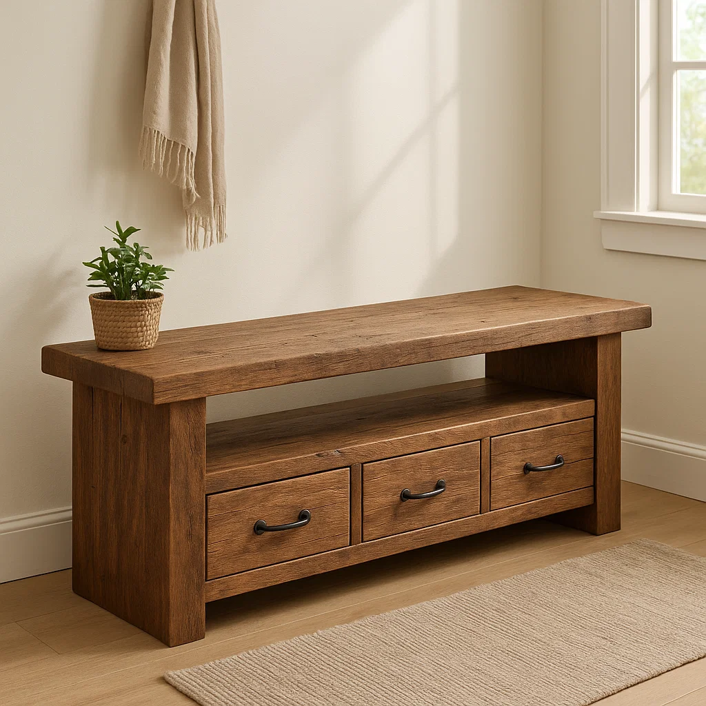 Handcrafted Solid Wood Bench – Rustic Entryway Storage Bench with 3 Drawers Kitchnce