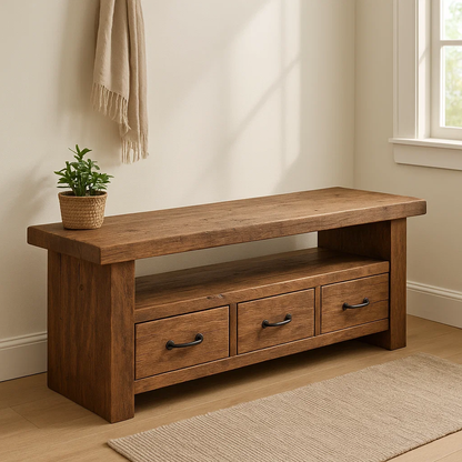 Handcrafted Solid Wood Bench – Rustic Entryway Storage Bench with 3 Drawers Kitchnce