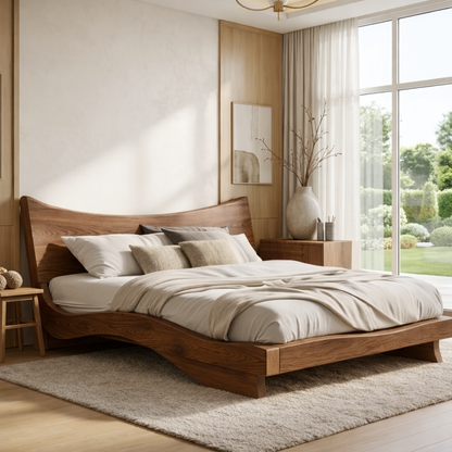 Modern Wooden Bed Frame with Curved Headboard Low Profile Platform Bedroom Design