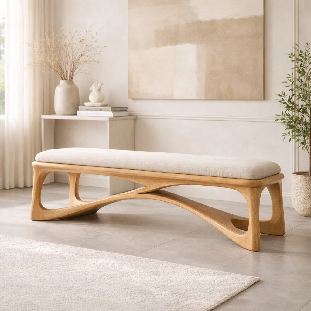 Modern Upholstered Wooden Entryway Bench, Sculptural Hallway Seating for Luxury Homes