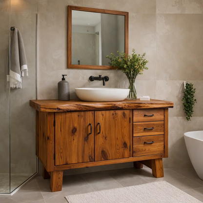 Rustic Solid Wood Bathroom Vanity Cabinet with Drawers & Doors