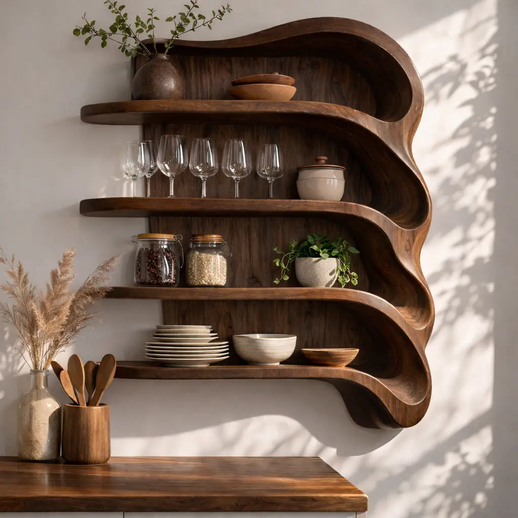 Solid Wood Curved Kitchen Cabinet Shelf – Organic Floating Wall Storage Rack Kitchnce