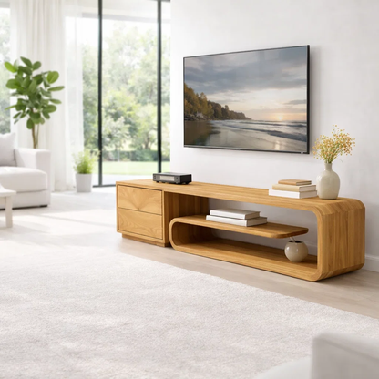 Solid Wood Media Console with Curved Shelf & Drawer, Modern Low TV Stand