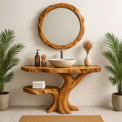 Handcrafted Solid Wood Bathroom Vanity – Organic Tree-Inspired Design with Round Mirror Kitchnce