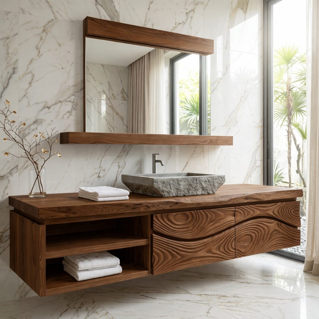 Modern Solid Wood Bathroom Vanity with Floating Storage and Sculpted Drawer Front