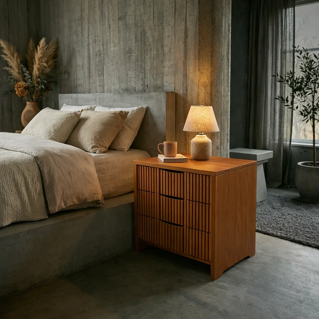 Solid Wood Nightstand with 3 Drawers – Modern Slatted Bedside Table Storage