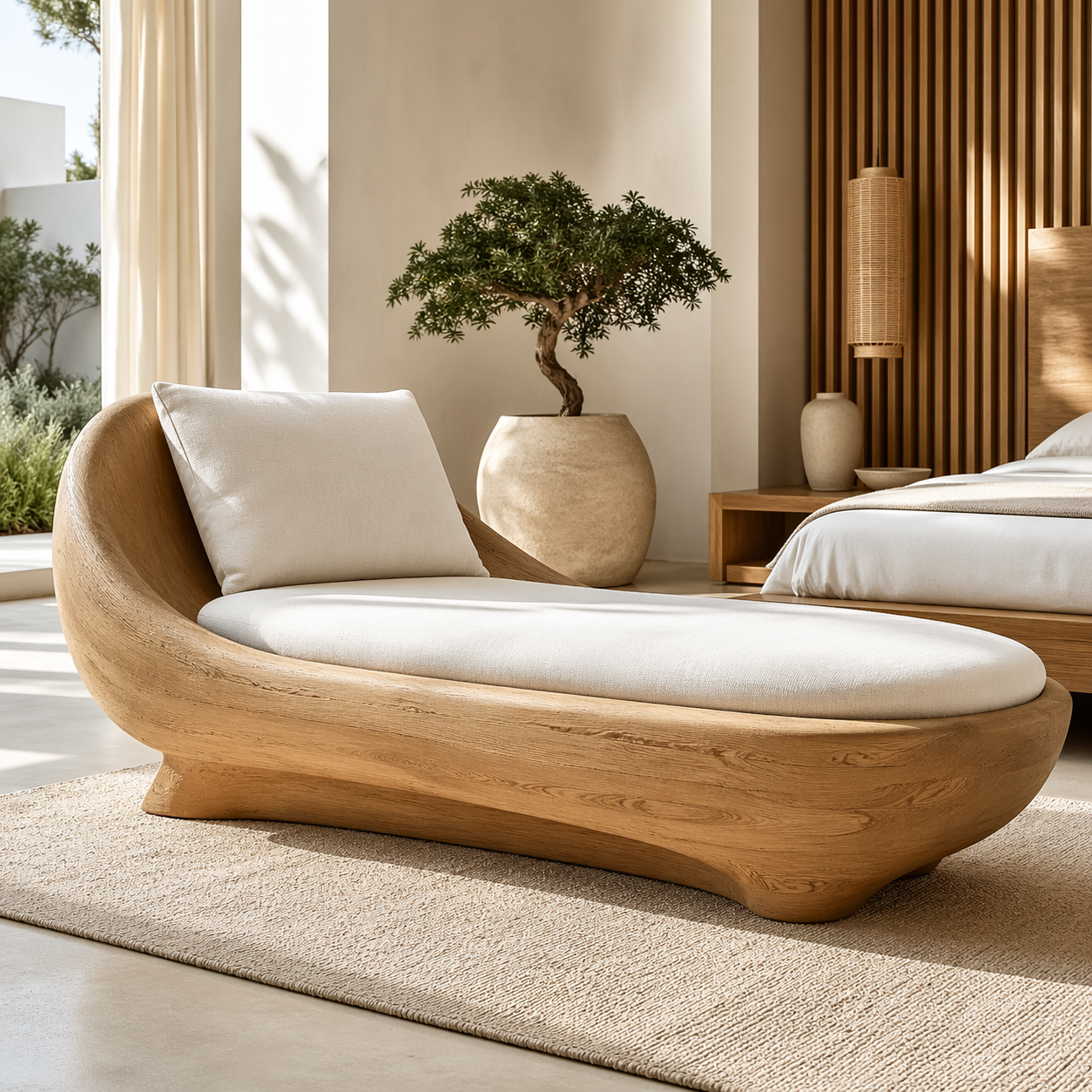 Modern Sculptural Chaise Lounge Curved Daybed with Cushion for Bedroom Decor