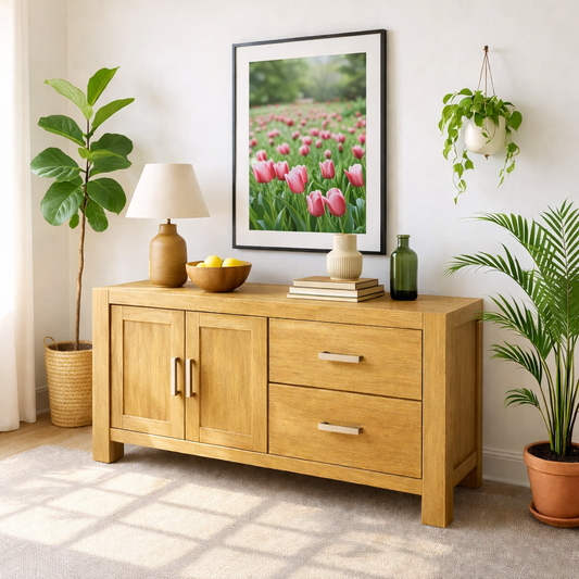 Solid Wood Console Table, Modern Wood Buffet Console with Doors and Drawers Storage Kitchnce