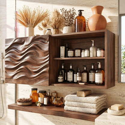 Floating Bathroom Cabinet, Modern Wavy Wall Mounted Vanity Storage Shelf Organizer