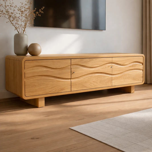 Solid Wood Wave Front TV Cabinet – Modern Low Media Console with Storage Doors