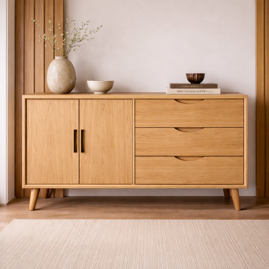 Solid Wood Console Cabinet with Drawers and Doors – Modern Storage Sideboard