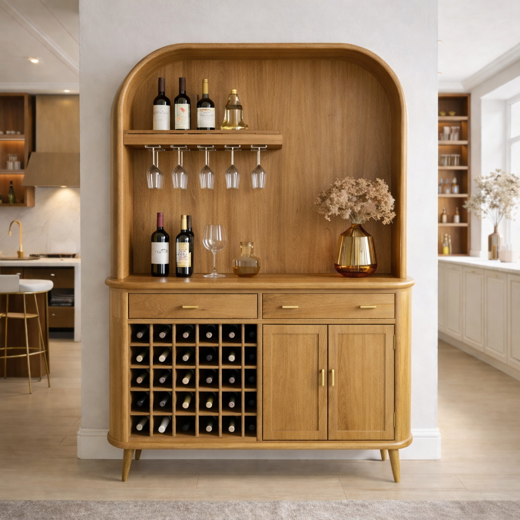 Solid Wood Bar Cabinet with Wine Rack and Curved Open Shelf Storage