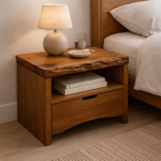Solid Wood Live Edge End Table with Drawer and Shelf – Rustic Bedside Nightstand