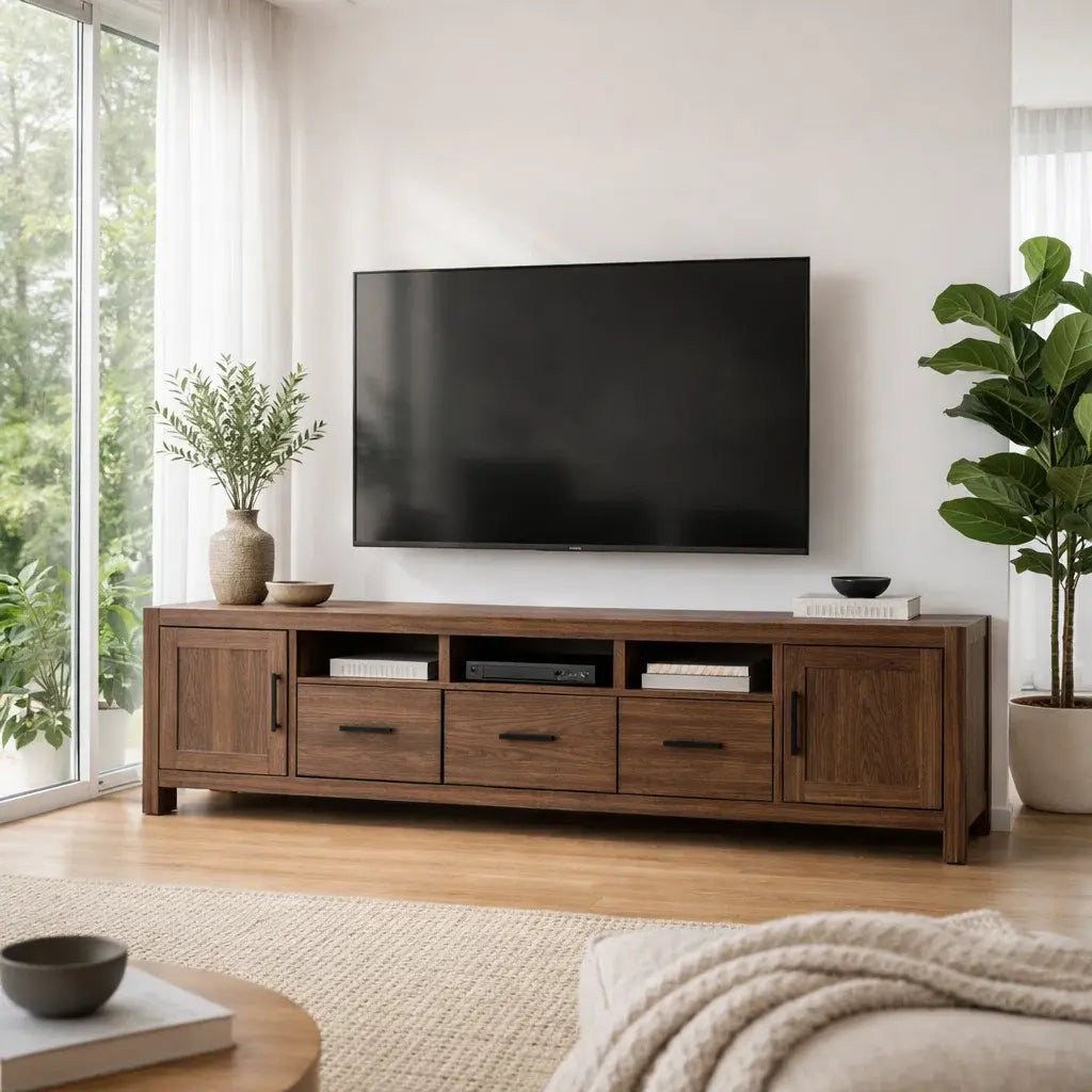 Solid Wood TV Cabinet with Drawers – Modern Walnut Media Console Kitchnce